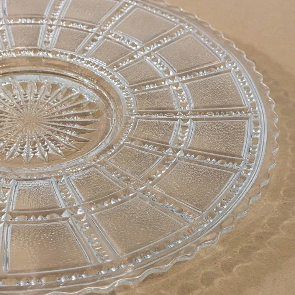Vintage Clear Pressed Glass Round Platter Sunburst Scalloped Sawtooth Edge